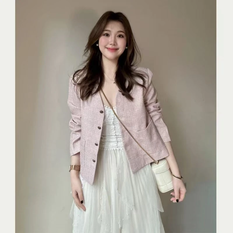 粉色小香风外套女春秋新款高级感韩系气质小个子短款上衣