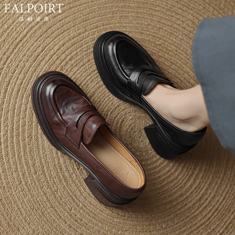 FALPOIRT 真皮单鞋女2025新款秋冬7cm增高粗跟小皮鞋英伦风乐福鞋