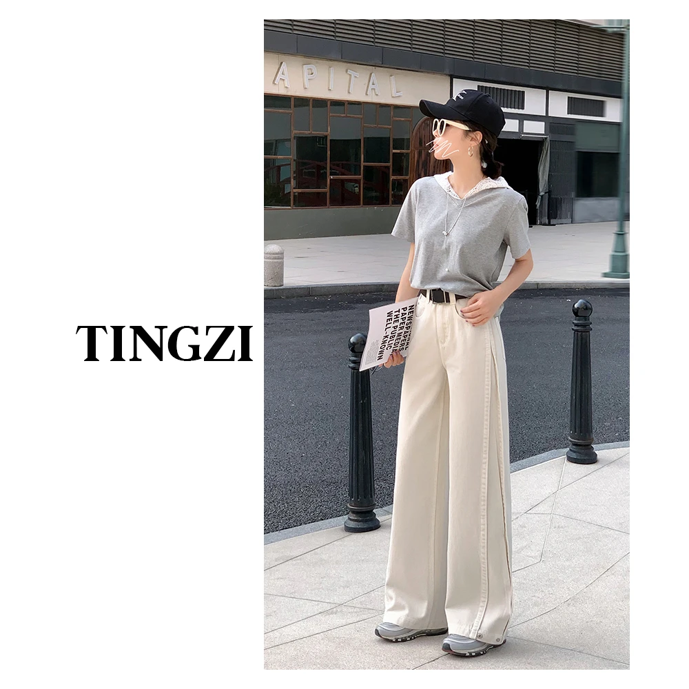 小王家/TingZi2025春上新直筒阔腿裤新高腰设计感牛仔裤女百搭