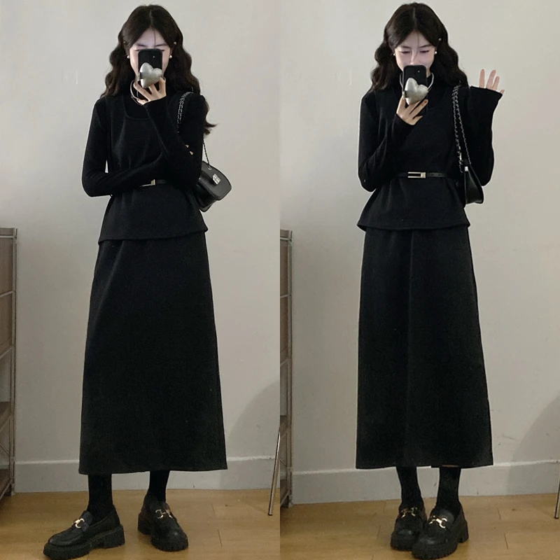 大码胖mm秋冬季新款显瘦打底衫+毛呢马甲+高腰半身裙三件套套装女