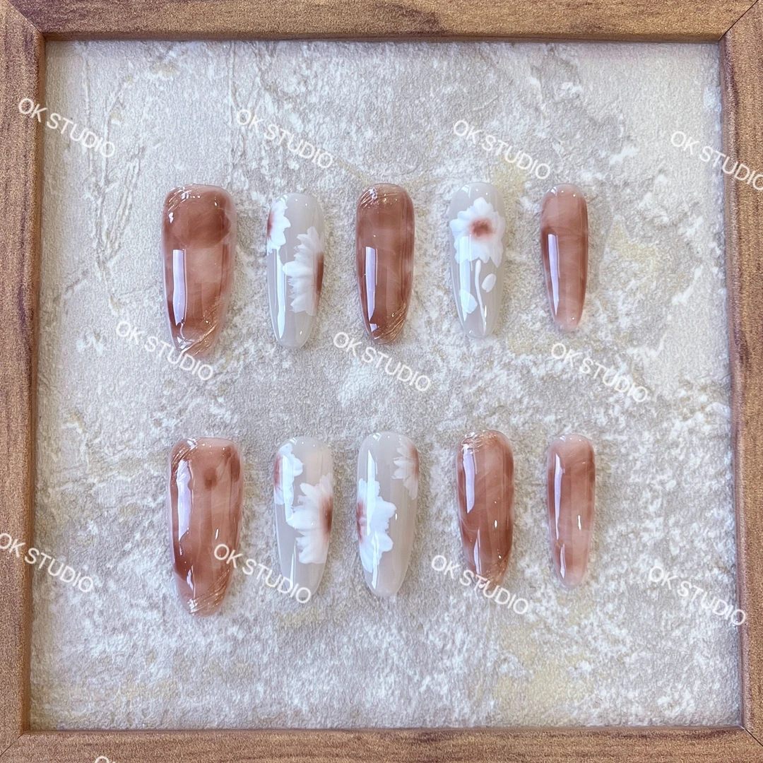 OKNail【乌龙奶棕】纯手工穿戴甲拆卸穿戴甲
