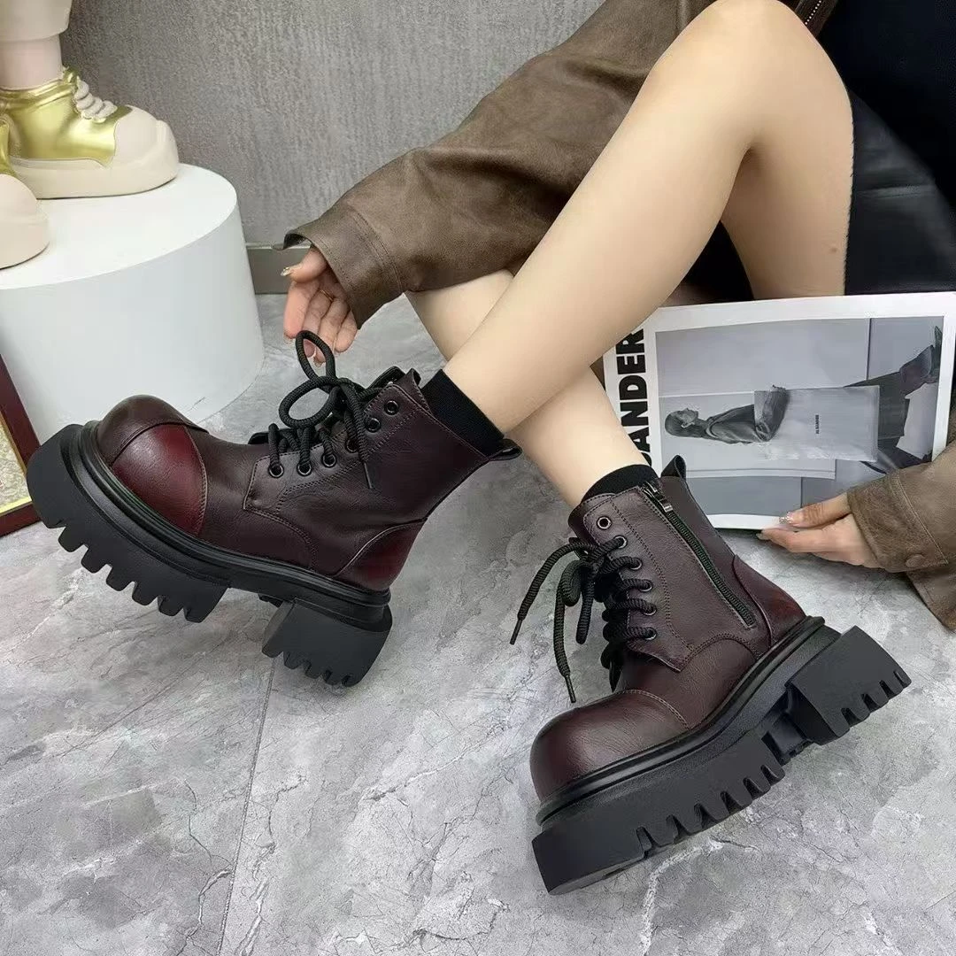 唐小肉常规系带马丁靴厚底6公分女靴欧若智性风百搭短靴177-6