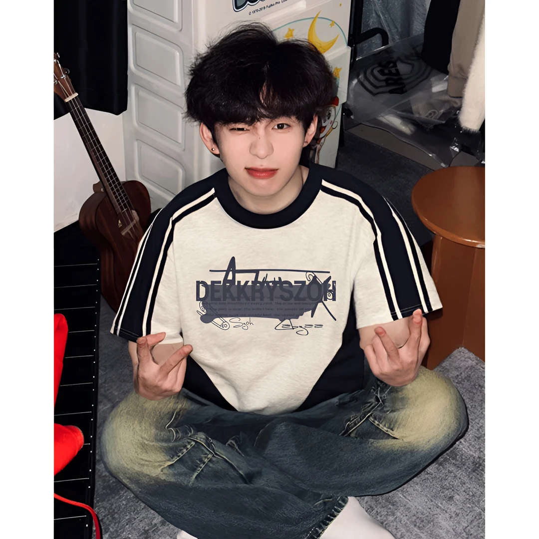 100%纯棉美式街头涂鸦字母印花拼接插肩短袖T恤男女夏季休闲上衣