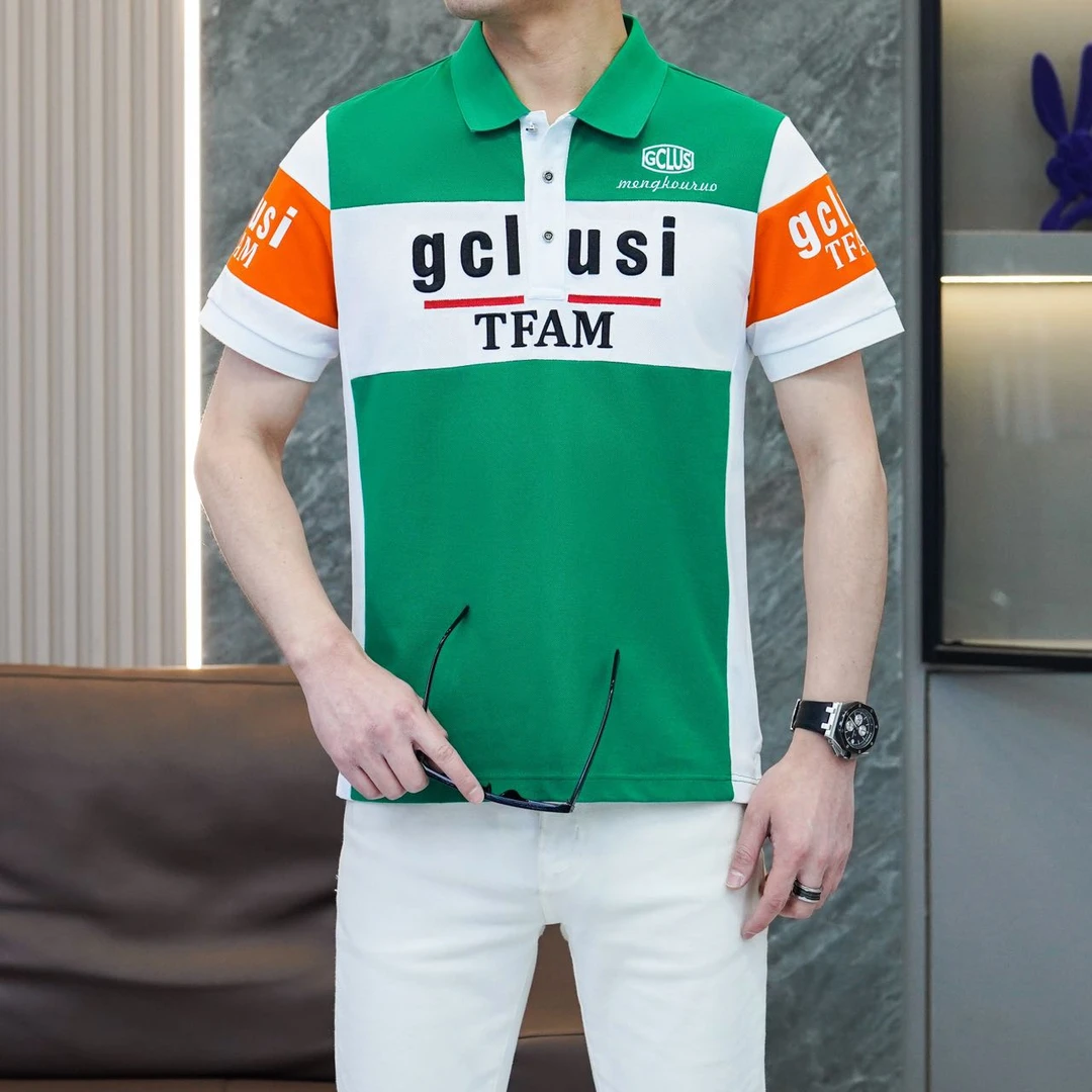 夏季新款欧货百搭赛博朋克风绿色新潮风短袖重工开衩下摆POLO衫