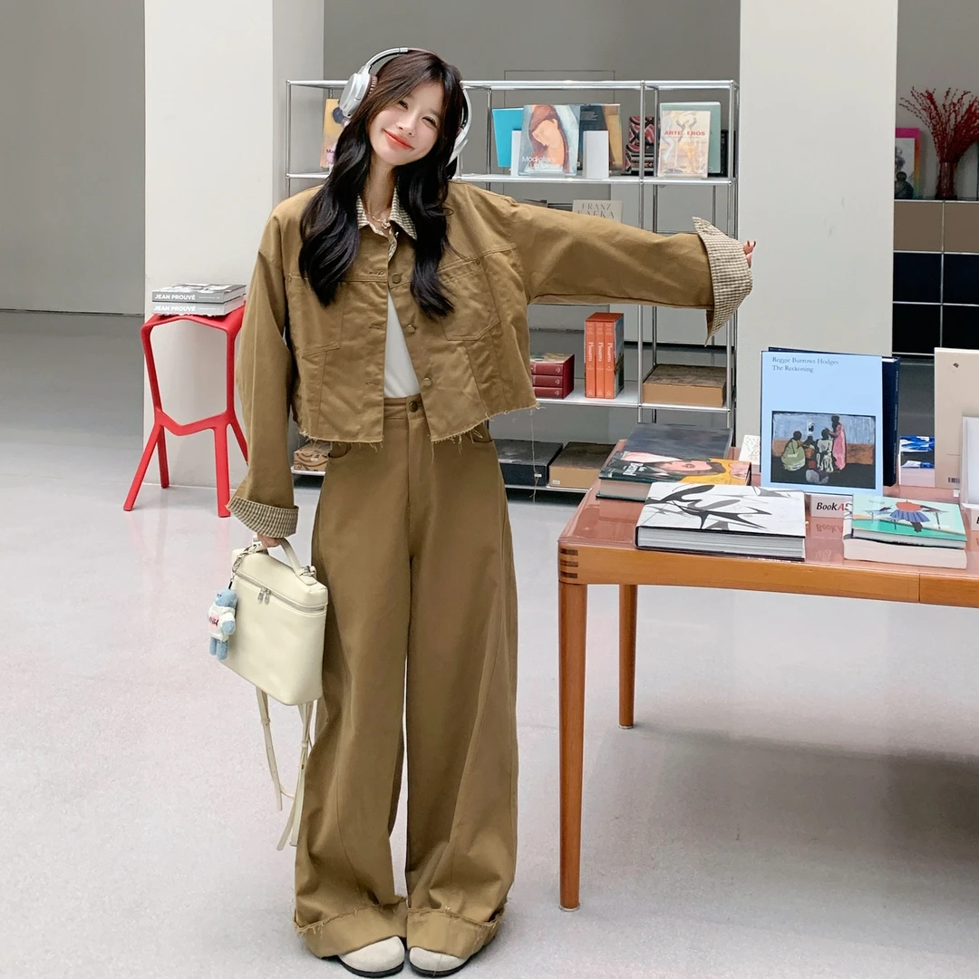 韩系chic休闲工装套装女2025秋季新款格纹拼接短外套阔腿裤两件套