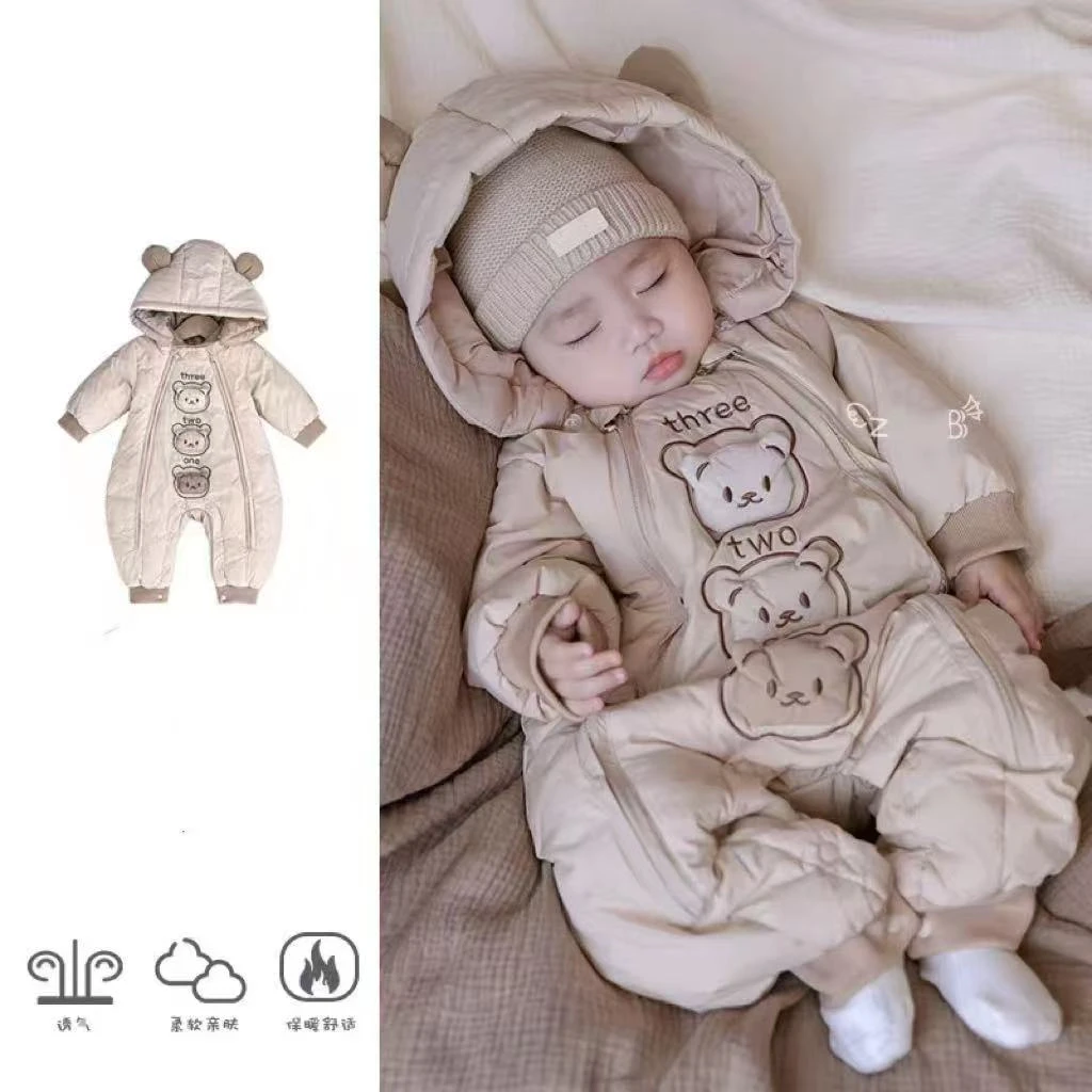 婴幼儿冬季新款三只熊双拉链棉哈衣卡通可爱外出爬服