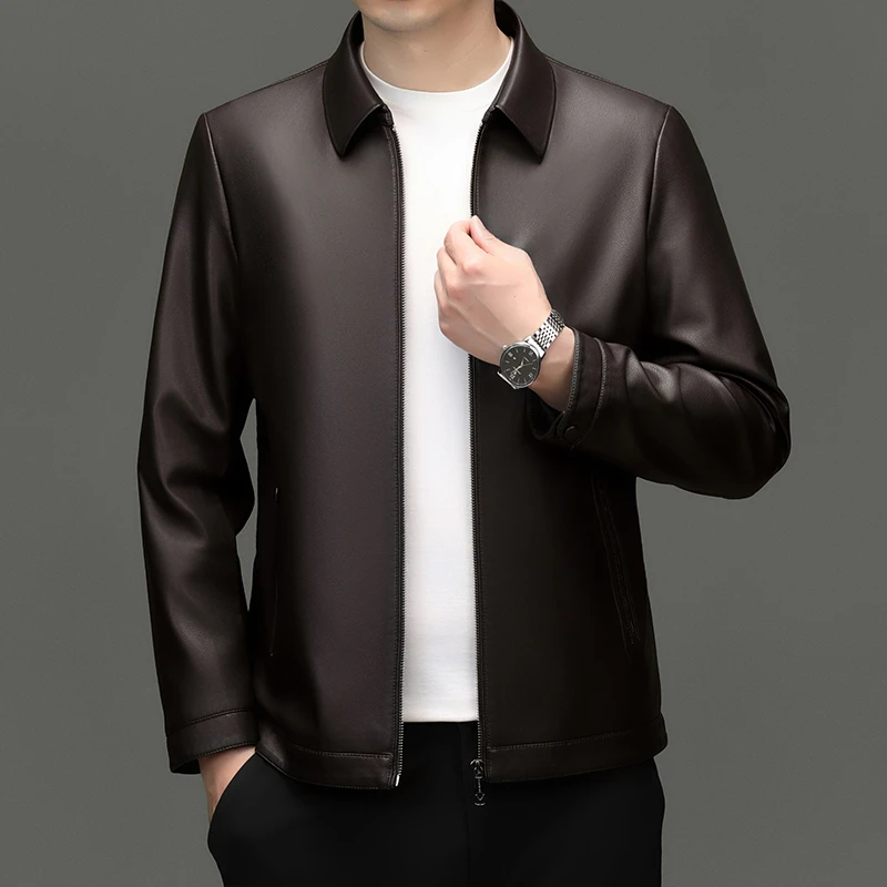 高档男士加绒休闲春秋羊皮翻领秋冬秋季中年真皮中老年时尚-2585