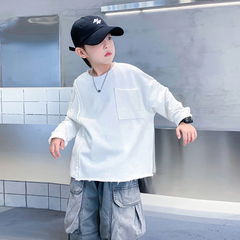 男大童春秋白色长袖T恤2025新款儿童炸街纯色卫衣