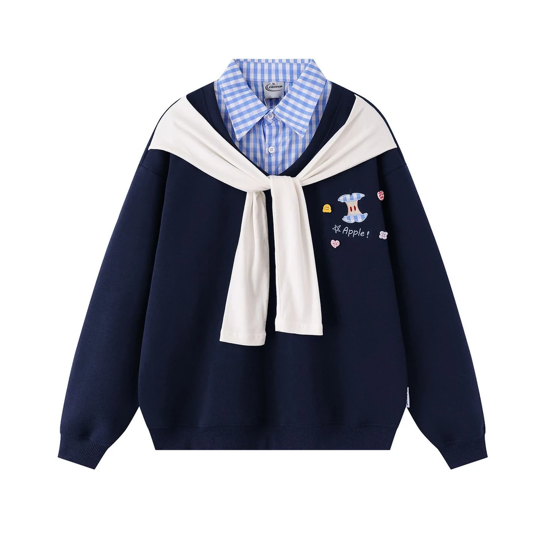 【ZHAP】趣味苹果刺绣披肩假两件polo领卫衣女秋冬加绒宽松慵懒上衣