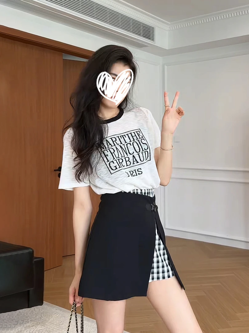 【曼谷热浪】薄款竹节棉针织短袖T恤上衣+显瘦假两件裙裤时尚两件套