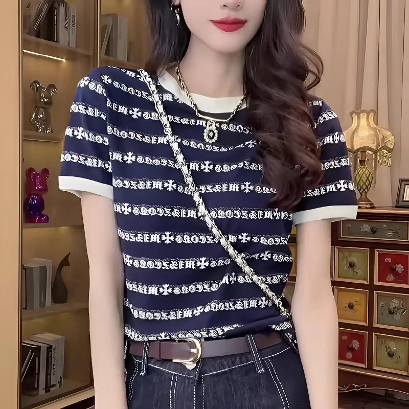 薄款条纹短袖冰丝针织衫T恤女2025夏季新款时尚宽松显瘦圆领上衣
