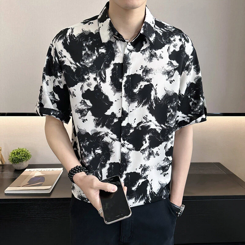 男士港风垂感短袖印花衬衫韩版夏季青年休闲薄款个性帅气痞帅衬衣