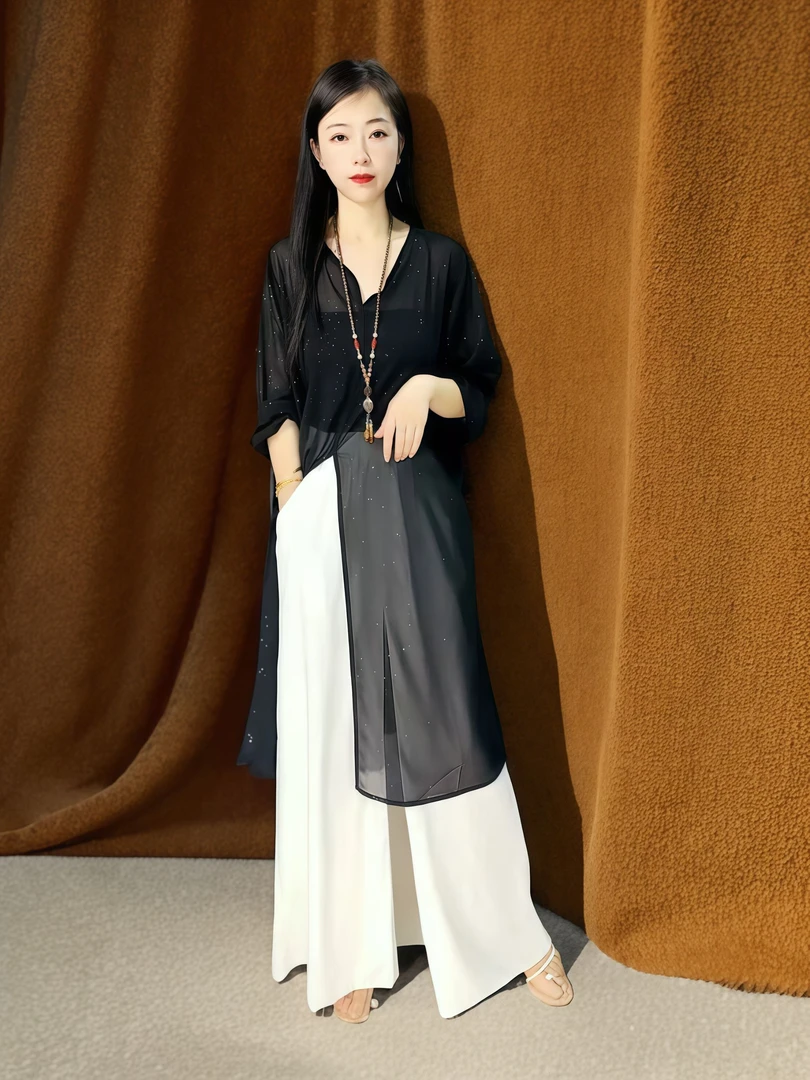 设计师气质百搭休闲时尚宽松夏季黑色中长款罩衫0051（黑色烫金）