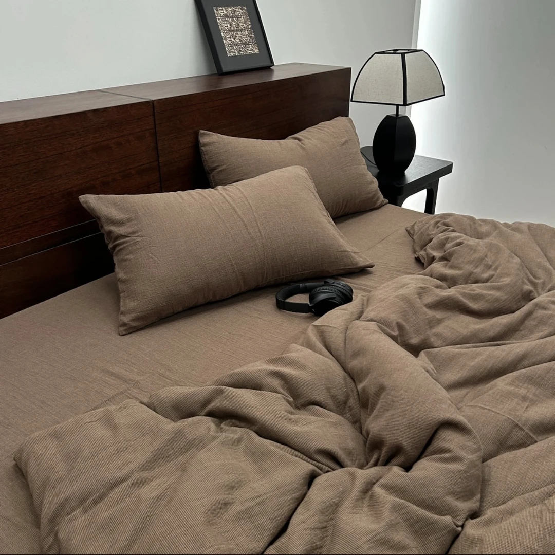 【弥山】四件套基础款美拉德色系复古A类裸睡全棉色织双层纱套件