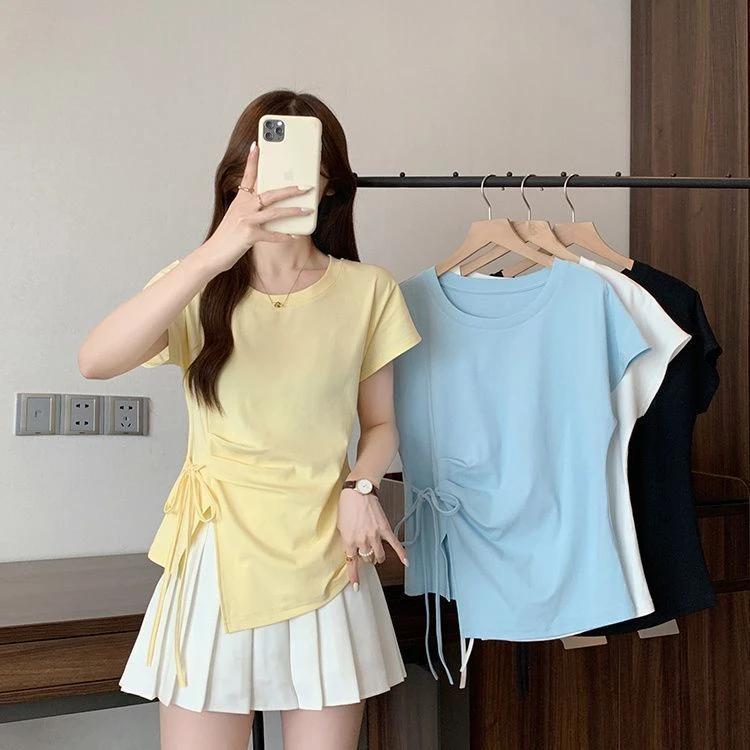 棉大码不规则开叉正肩短袖女t恤胖mm显瘦遮肚设计感抽绳收腰上衣