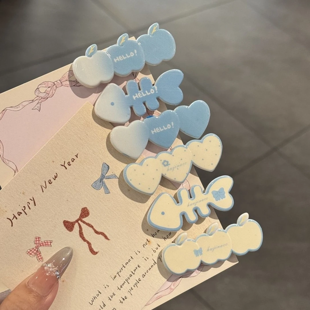 甜美蓝色系鱼骨苹果爱心发夹可爱少女心小清新刘海夹春夏百搭发卡