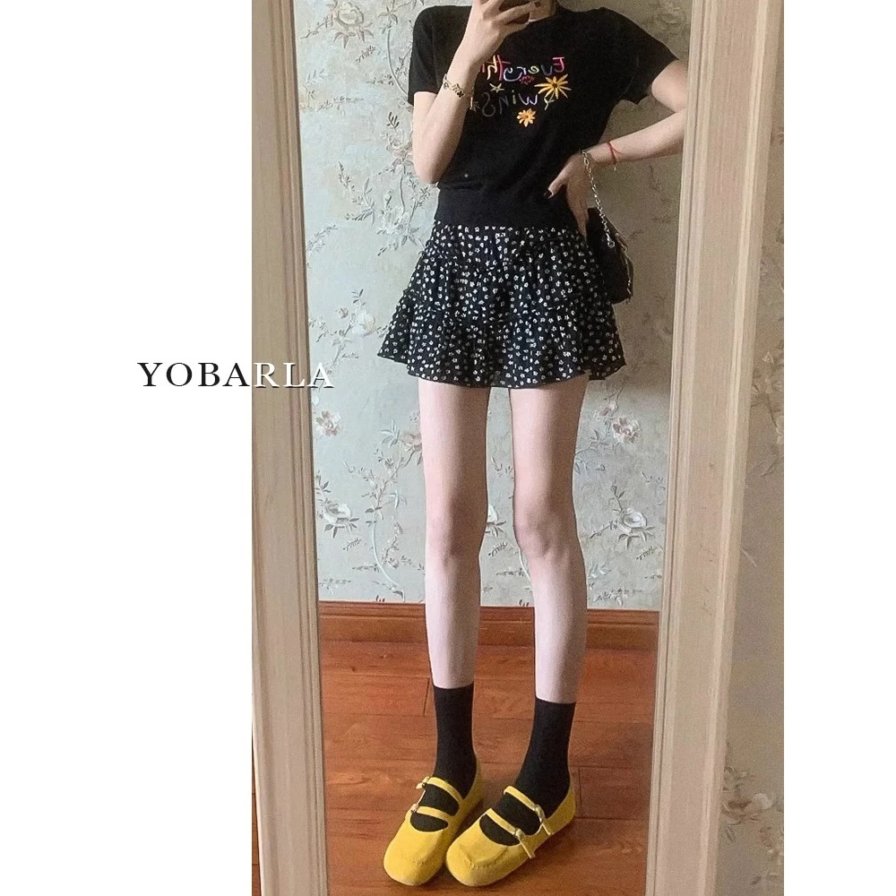黑色碎花蛋糕短裙女夏季新款大码胖mm遮肚显瘦梨形身材a字半身裙