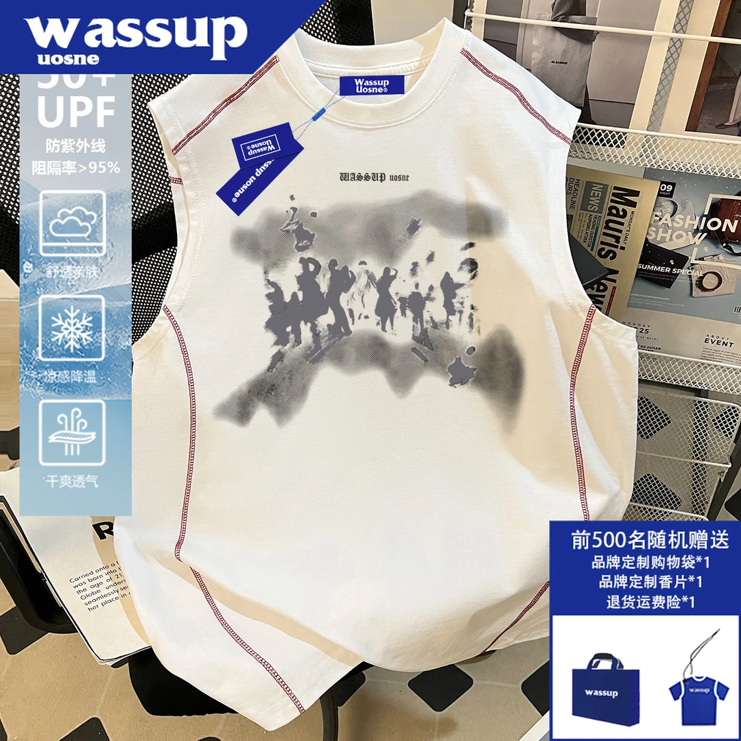 美式街头hiphop坎肩背心男生夏季新款防晒透气亲肤显壮直喷老头衫