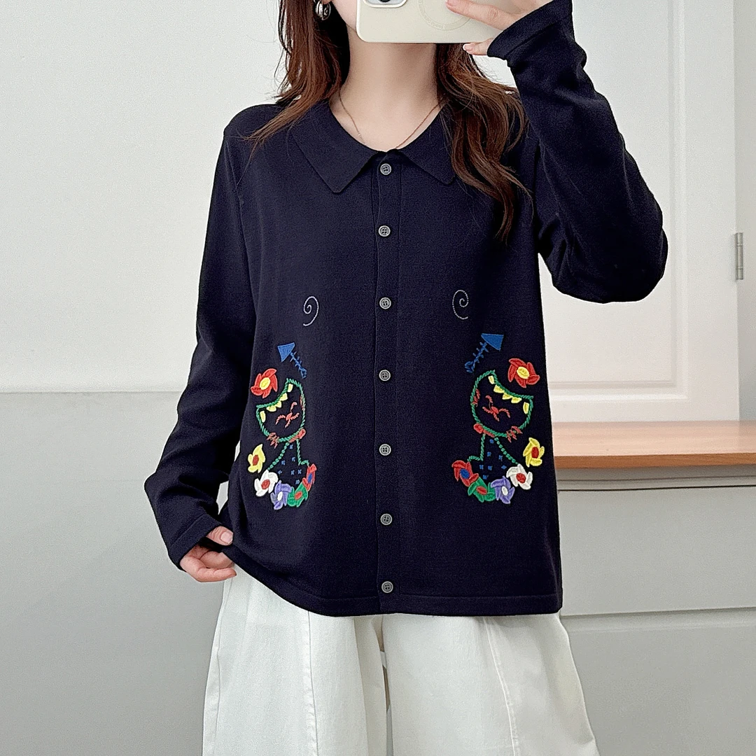 刺绣小猫polo领长袖毛衣春秋新款胖mm大码宽松显瘦翻领百搭针织衫