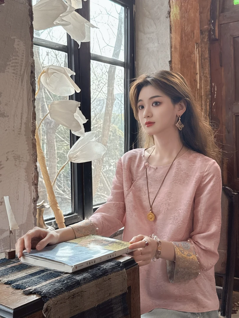 【春绘】桑蚕丝新中式国风茶香复古粉色时尚圆领长袖F25002