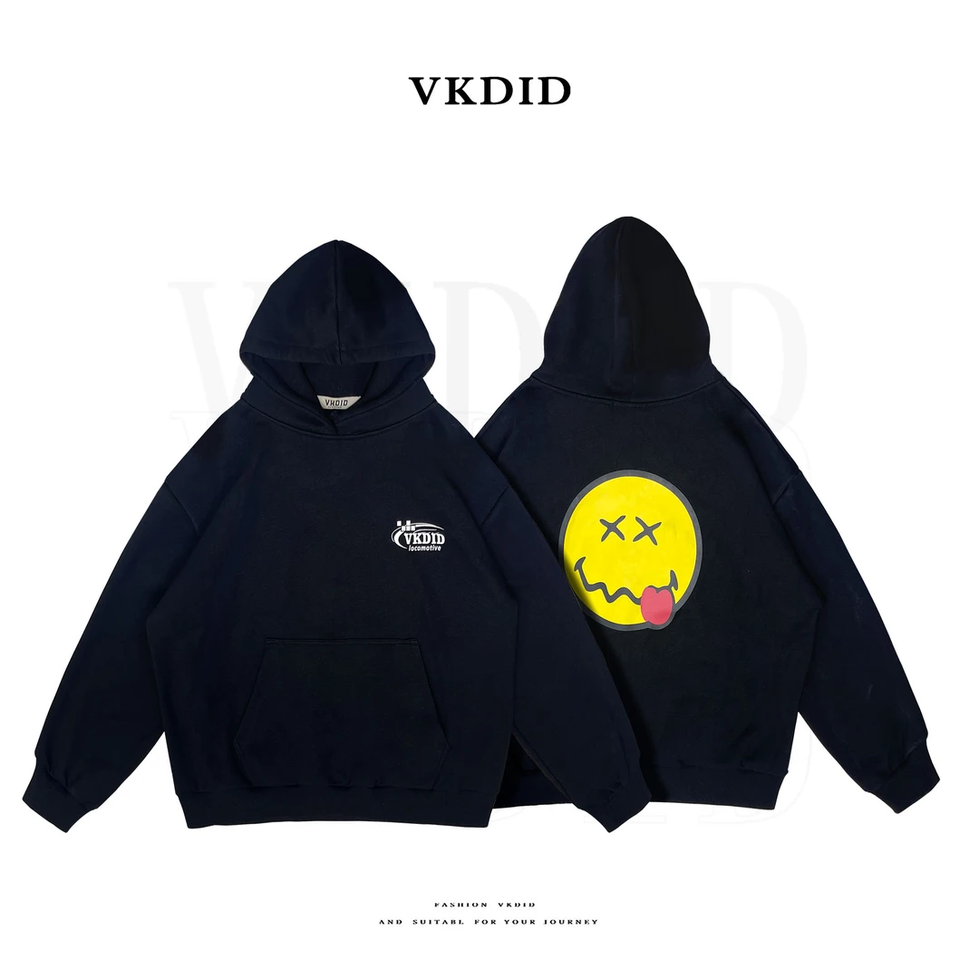 VKDID原创设计连帽卫衣加绒男女同款宽松休闲秋冬笑脸印花百搭ins