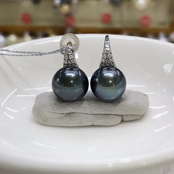 银S925镶嵌海水珍珠耳饰孔雀蓝10-11mm