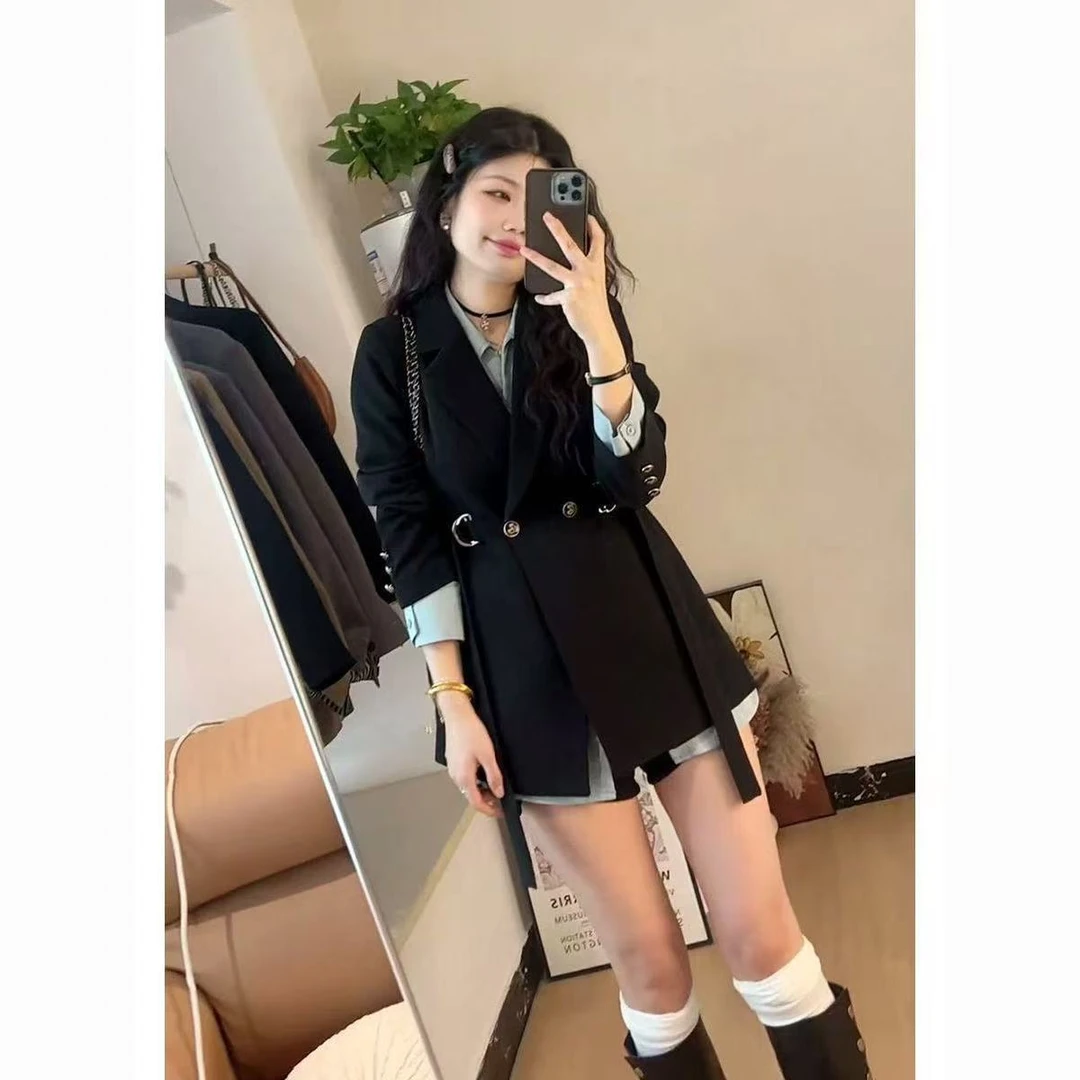 2025春秋季新款气质显瘦西服双排扣修身时尚百搭中长款西装女上衣