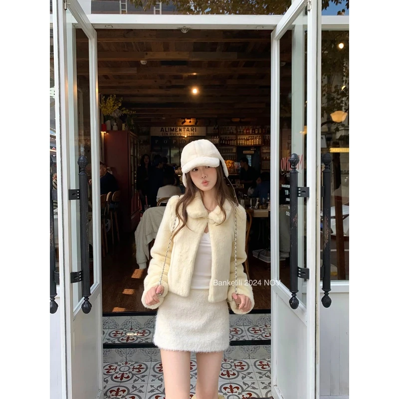 高级感小香风休闲慵懒纯色短款外套高腰显瘦半身裙垂感阔腿裤套装