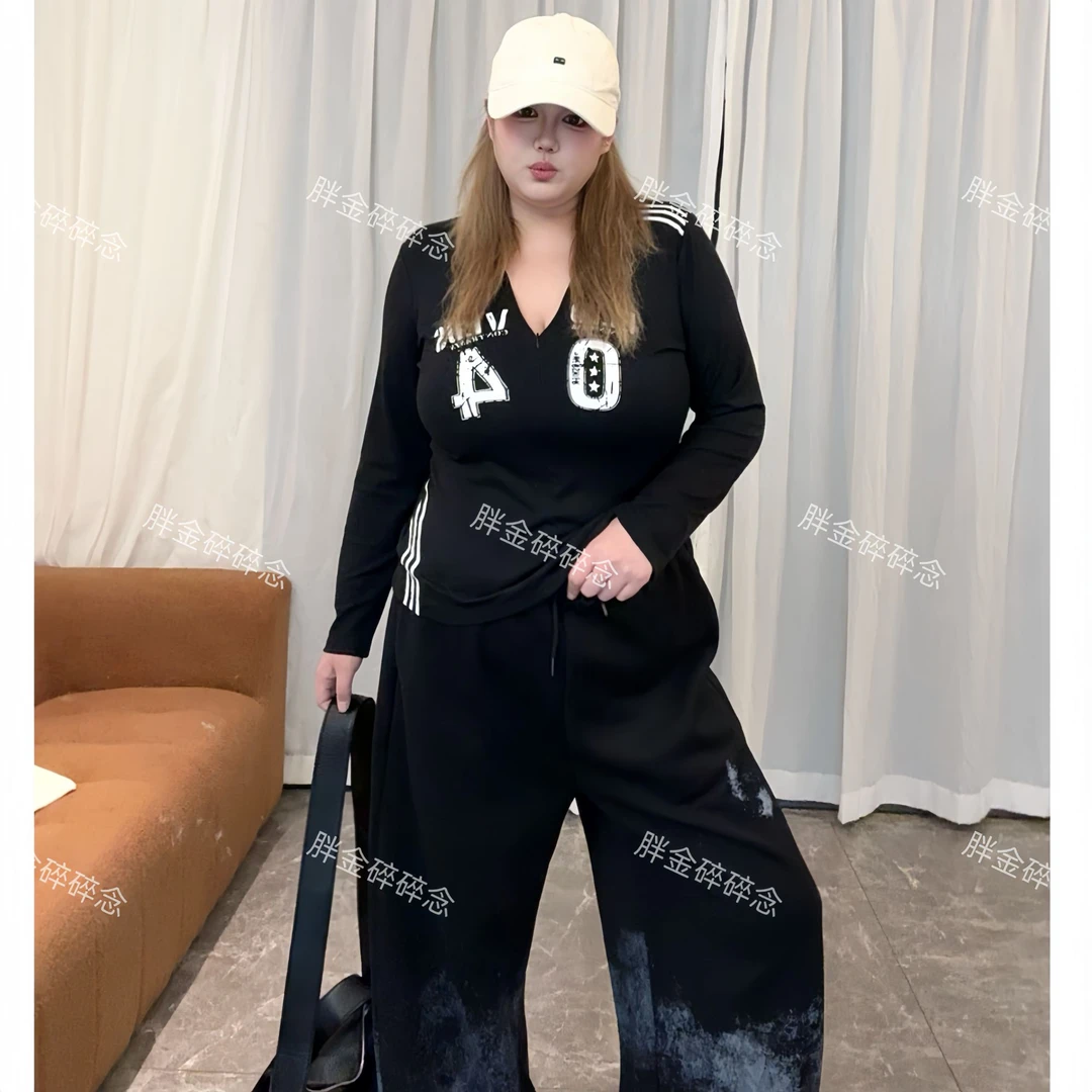 胖mm大码女装美式辣妹风拉链长袖女修身型印花时尚百搭T恤