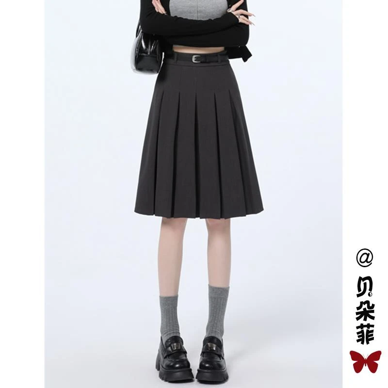 黑色西装半身裙女春季2025新款高腰显瘦a字中裙小个子jk百褶伞裙