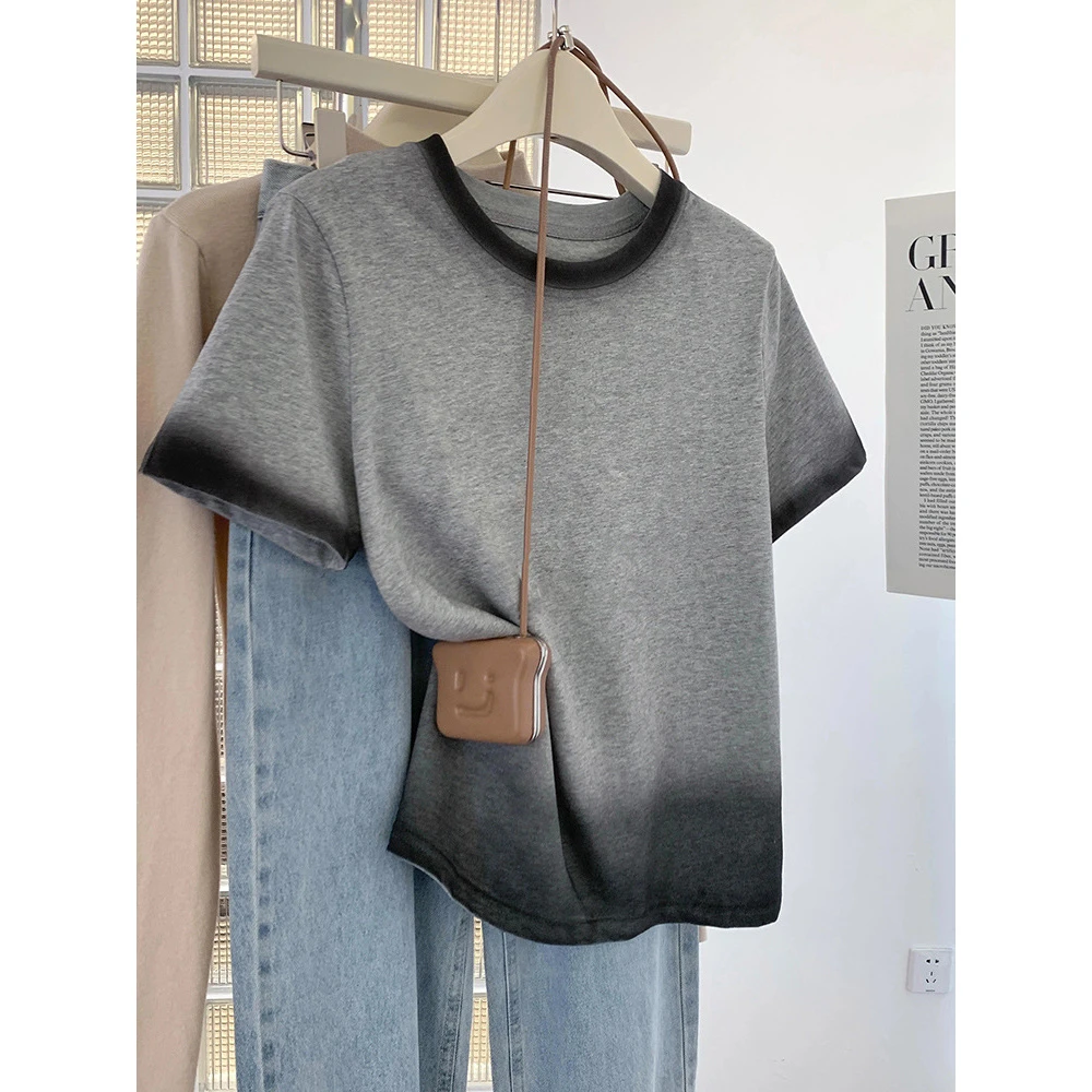 欧货灰色渐变正肩短袖T恤女夏季设计感小众显瘦新款半袖上衣
