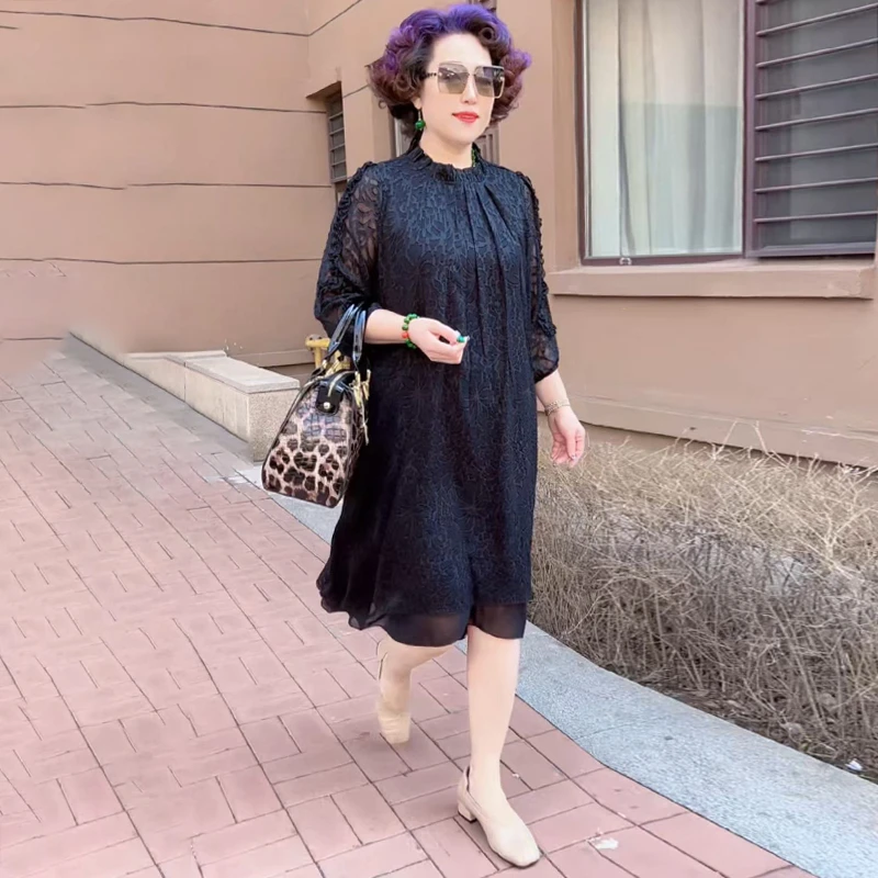 时髦蕾丝提花纯色连衣裙夏季新款优雅减龄洋气中长裙阔太太A字裙