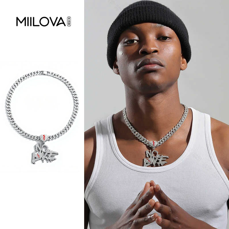 钛钢项链 美式nolove心碎镶钻吊坠项链男嘻哈街头说唱rapper古巴