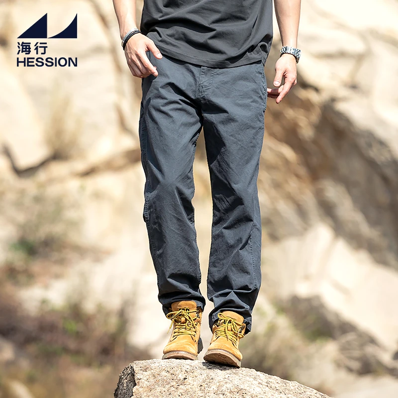 海行灰色纯棉耐磨宽松休闲裤废土风男装美式复古工装直筒简约长裤