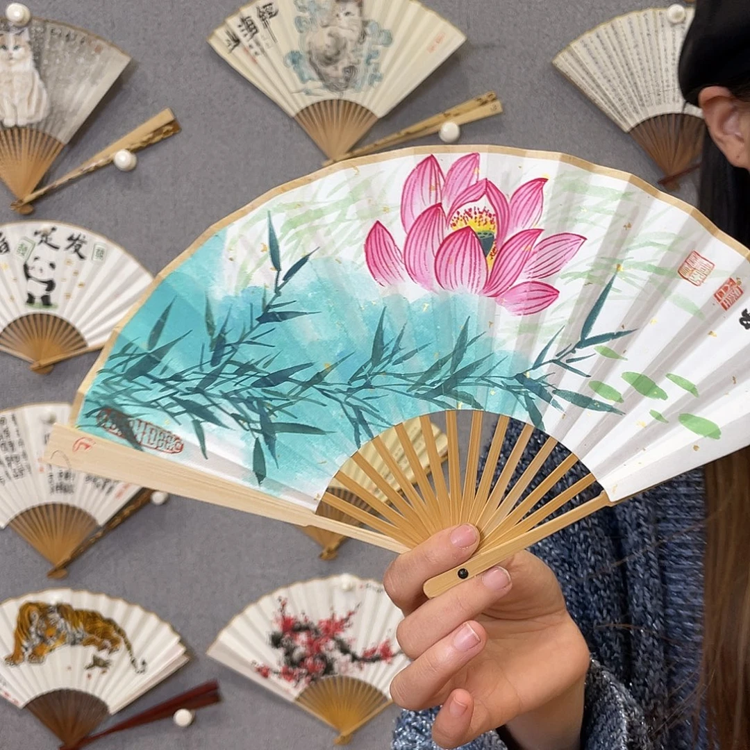 国画6寸玉竹-纯手绘-文玩扇骨（默认粘好）