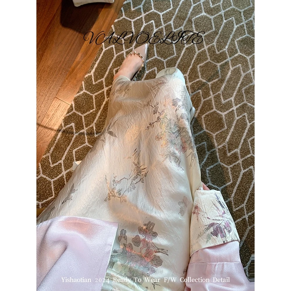 新中式烫金印花醋酸鱼尾半身裙女2025秋夏季国风温柔气质包臀裙子