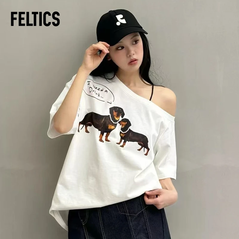 时尚小狗戴珍珠项链休闲露肩短袖春夏新款