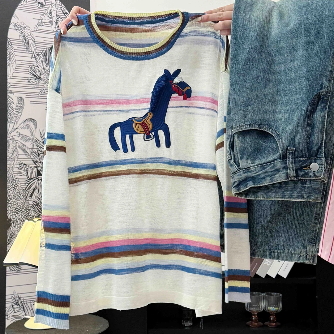 条纹气质薄款小马T恤宽松型休闲夏季常规款少女风上衣DP7892