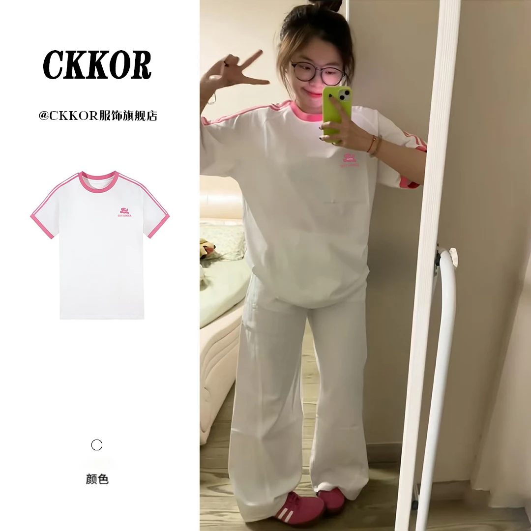 CKKOR韩版休闲纯棉百搭短袖t恤女夏季新款学院运动风宽松圆领上衣