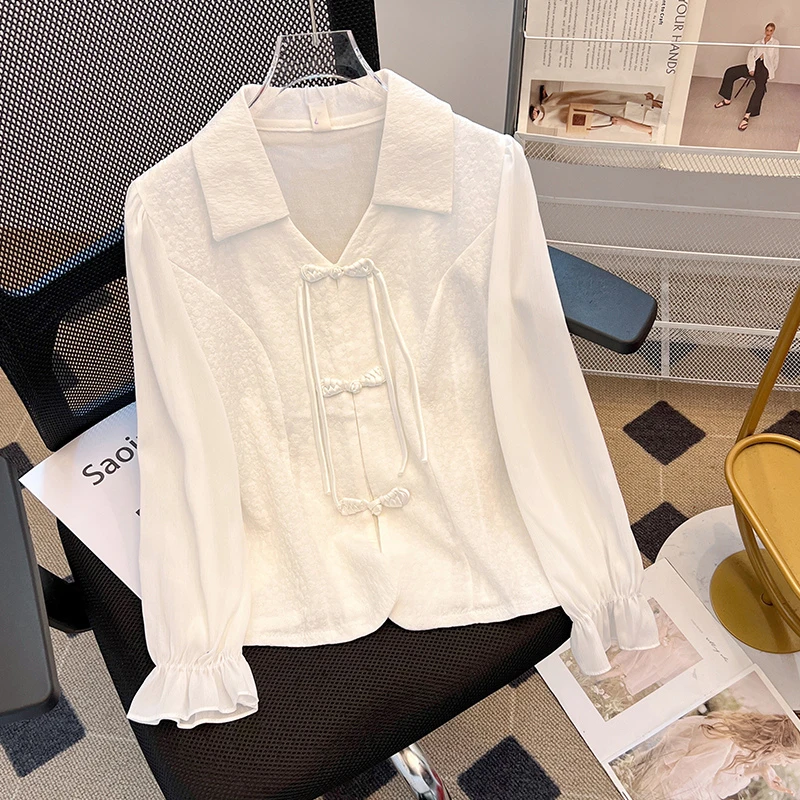 La babite长袖衬衫女2025年春季新款舒适感上衣盘扣独特漂亮小衫