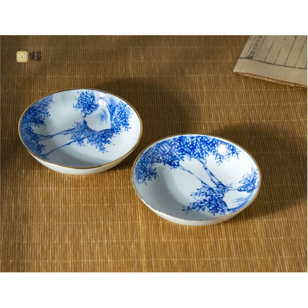 【拍卖-民国】·蓝料彩竹影清风纹碟一对