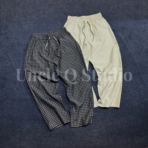 日系复古格子条纹超薄泡泡纱宽松慵懒休闲裤 男女同款