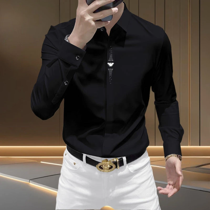 2025新款修身弹力抗皱男士长袖衬衫时尚潮流百搭休闲衬衣男装上衣