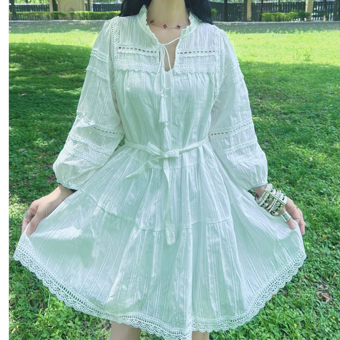 M52D052慕之淇含棉重工蕾丝镂空收腰度假仙女连衣裙