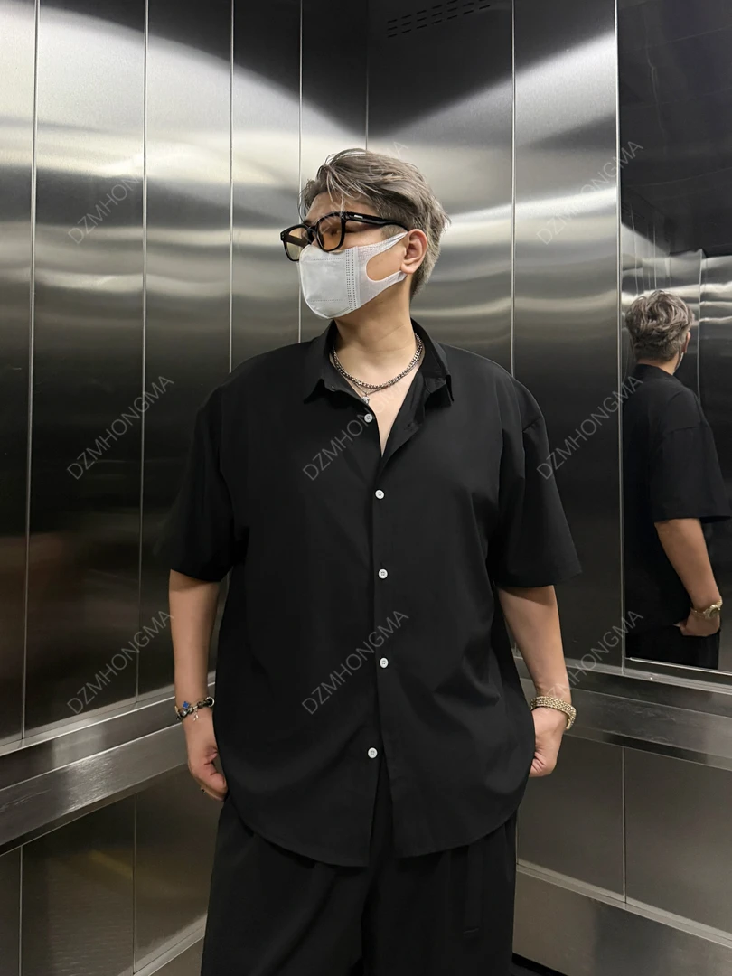 夏季高端新款禁欲痞帅短袖衬衫休闲黑色衬衫短袖韩版冰丝男衬衫