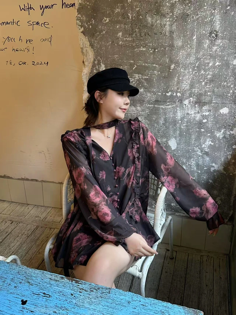 琪琪怪怪大码女装【复古具象化】秋季碎花百搭飘带衬衫T17488QQ