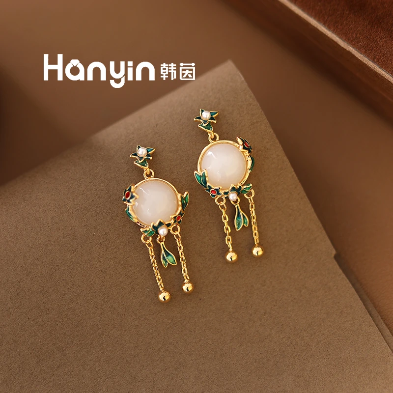 铜合金仿水晶耳饰 925银针国潮绿色圆形喵感新中式流苏时尚耳钉