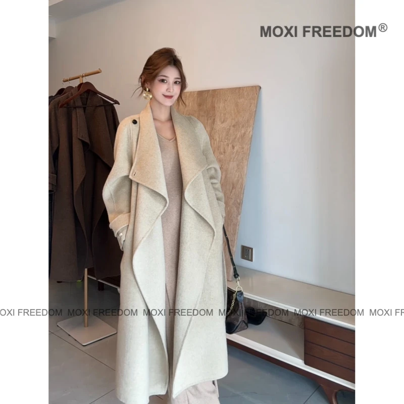 【盐风棱语】高品质秋冬新款休闲腰带中长款双面羊毛大衣外套女装