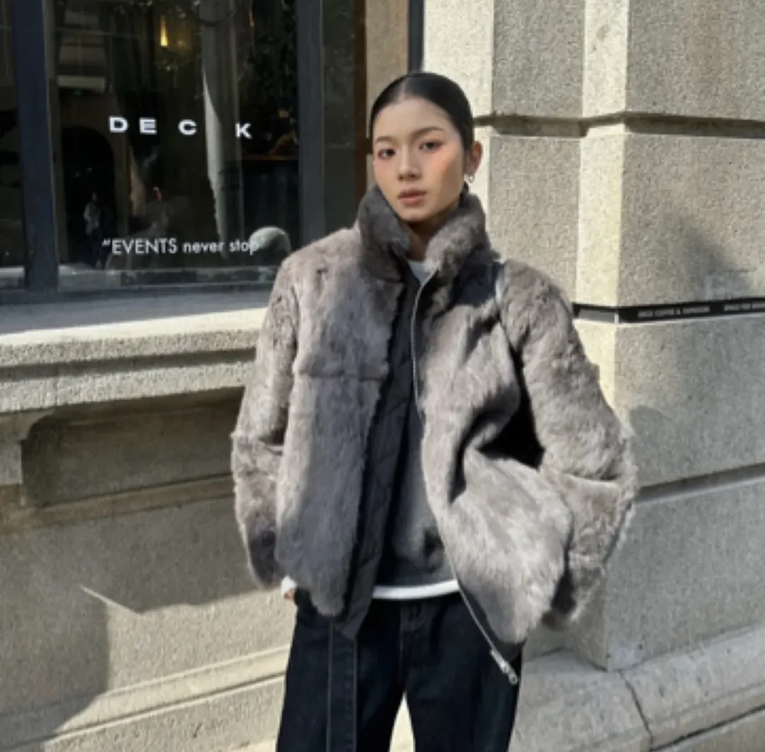 AMYSURE 爱米修冬季新款立领双面穿兔毛外套#59171