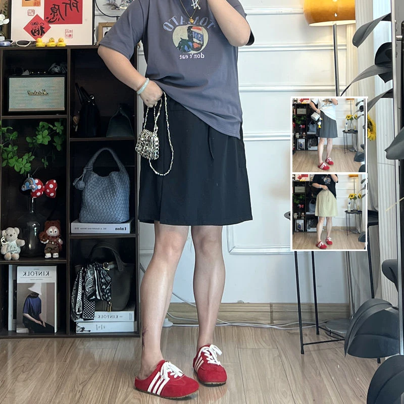 YZJ【极简裙裤】大码夏季薄款松紧腰抽绳纯色简约休闲宽松百搭裙裤